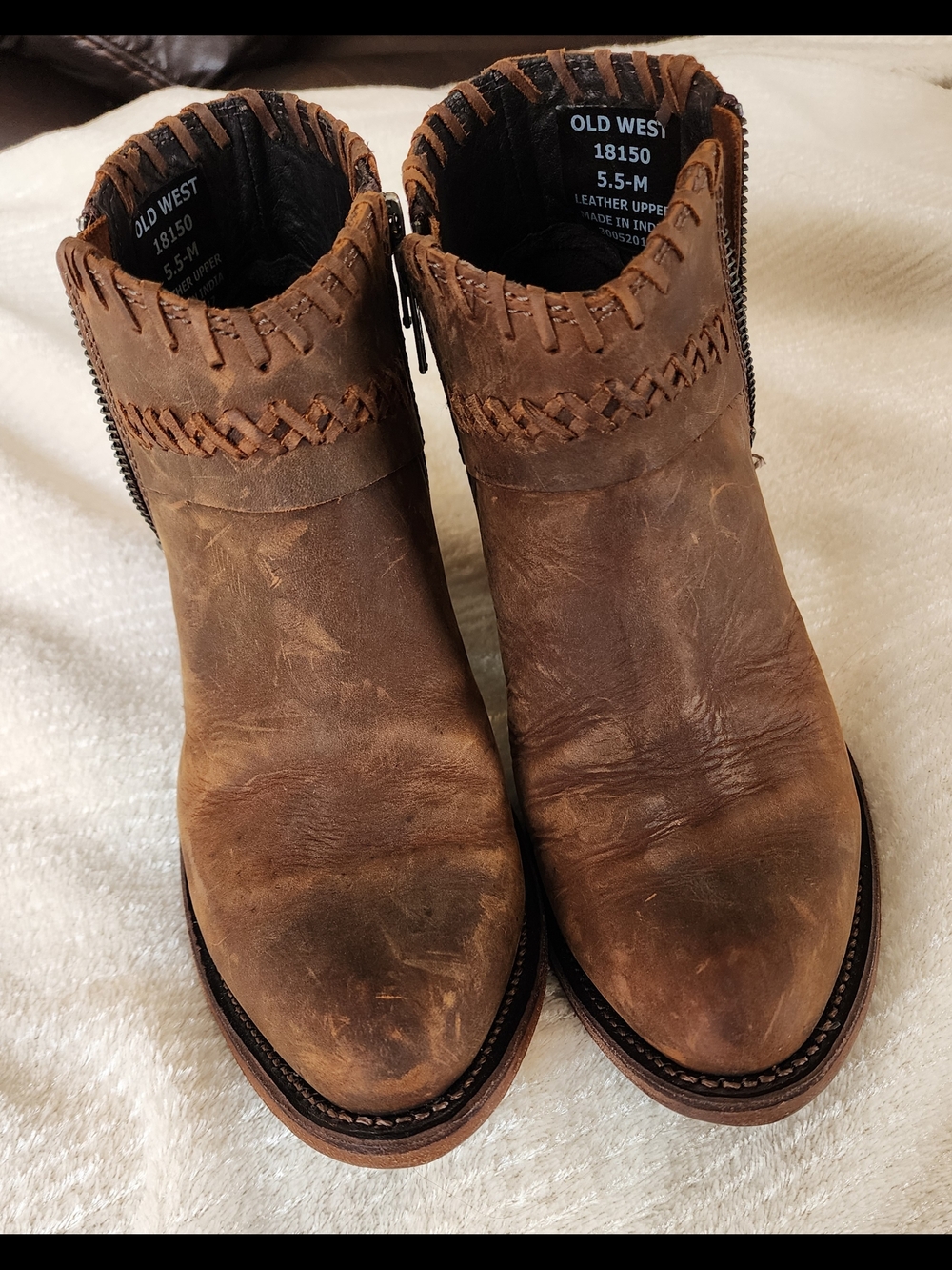 Old West Boots Sz 5.5 Brown Distressed Leather Ankle Booties with Woven Trim